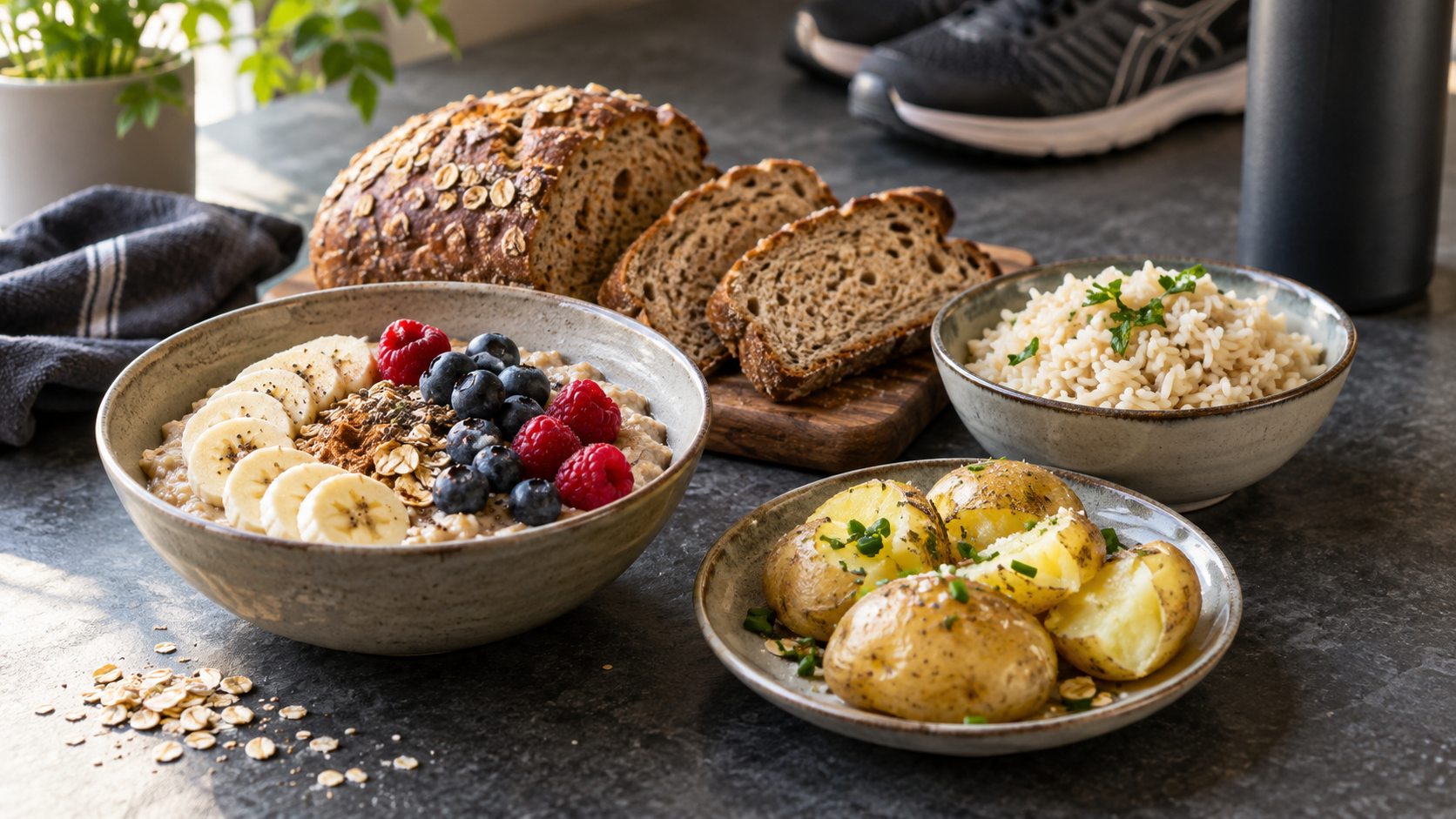 Haferflocken mit Banane und Beeren, Vollkornbrot, Reis und Kartoffeln auf einer dunklen Arbeitsfläche